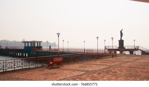 Statue Of Late Rajiv Gandhi (Youngest Indian Prime Minister From 1984 To 1989) At Water Sports Complex With Ross Island In The Background, Port Blair, Andaman And Nicobar Islands, India, Asia.