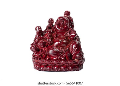 Statue laughing Buddha - Budai or Hotei. Cheerful monk with children isolated on white background.