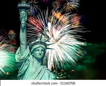 The Statue Of Liberty And 4th Of July Fireworks