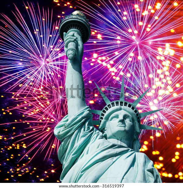 Statue Liberty 4th July Fireworks Exploding Stock Photo 316519397 ...