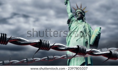 Statue of liberty. Barb wire. Symbol of new york. Barbed hole is metaphor for defending USA border. Statue of liberty from USA. Fence to protect against illegal migrants in America.
