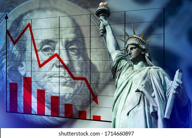 The statue of Liberty, a dollar bill, and a falling graph. The economic crisis in America. Decline in industrial production in the United States. The deterioration of the US economic indicators.
