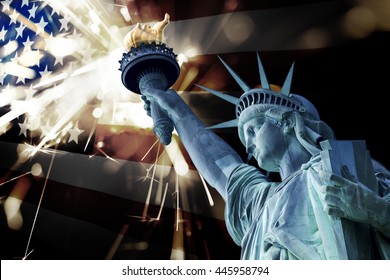 Statue Of Liberty With Fireworks And Flag Of USA