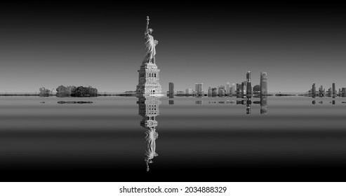 the statue of liberty flooded, Dystopian photography of the city of New York after the thawing of the poles and the rise in sea level, product of climate change due to the action of human beings