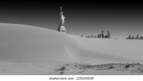 Statue Of Liberty Half Buried By The Desert Sand,  Dystopian Photo Of The Future Of New York, The Desert Covering The City