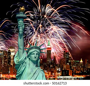 The Statue Of Liberty And Holiday Fireworks