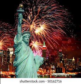 The Statue Of Liberty And Holiday Fireworks