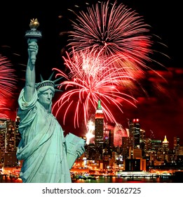 The Statue Of Liberty And Holiday Fireworks