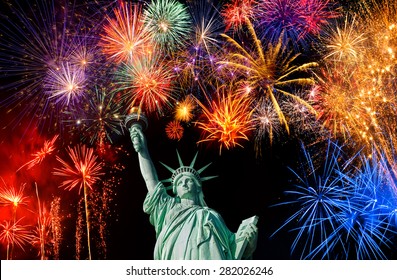 The Statue Of Liberty And July 4th Fireworks 