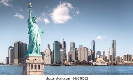 The statue of Liberty, Landmarks of New York City with Manhattan building
background