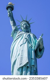 Statue of Liberty, Manhattan views, blue sky, portrait, city landscape