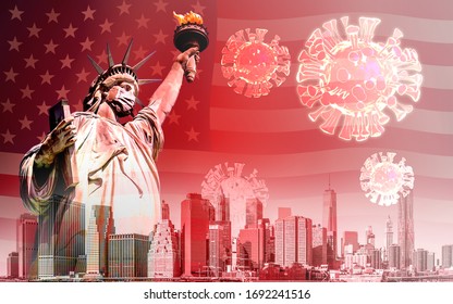 The Statue Of Liberty With Mask And Coronavirus Or Covid-19 Outbreak In United States Background