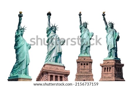 The Statue of Liberty in New york city on white background, summary 4 photo in four angle, Architecture and building with tourist concept.