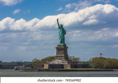 Statue of Liberty. New York, panorama of Manhattan with the