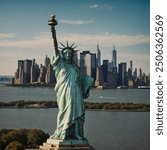 The Statue of Liberty, New York, standing proudly with the city skyline in the background.
