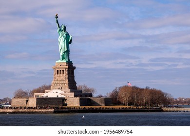 Statue Of Liberty , New York , Usa. Cloudy Winter Day