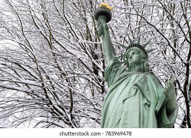 Statue Of Liberty In New York, USA With Winter Tree Covered By Snow