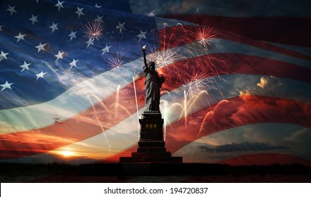 Statue Of Liberty On The Background Of Flag Usa, Sunrise And Fireworks