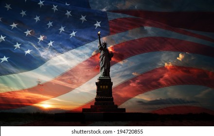 Statue Of Liberty On The Background Of Flag Usa And Sunrise