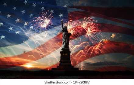 Statue Of Liberty On The Background Of Flag Usa, Sunrise And Fireworks