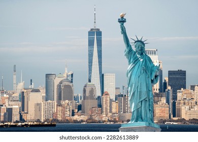 Statue Liberty on background of Manhattan during a good day. Statue Liberty opposite New York city - Shutterstock ID 2282613889