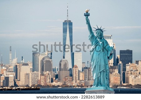Statue Liberty on background of Manhattan during a good day. Statue Liberty opposite New York city
