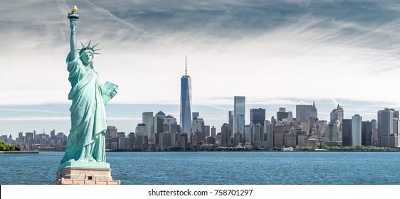 The Statue of Liberty with One World Trade Center background, Landmarks of New York City, USA - Shutterstock ID 758701297