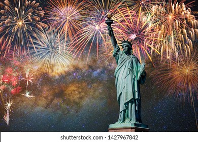 Statue of Liberty over the Multicolor Fireworks Celebrate with the milky way background, 4th of July and Independence day concept - Powered by Shutterstock