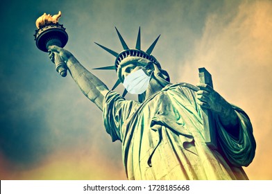 Statue of Liberty wearing a surgical mask. New coronavirus, covid-19 in New York and USA epidemic crisis concept