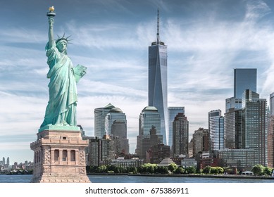 The statue of Liberty with World Trade Center background, Landmarks of New York City, USA - Shutterstock ID 675386911