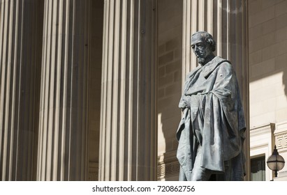 Statue And Likeness Of British Prime Minister Benjamin Disraeli, Earl Of Beaconsfield Outside St George?s Hall Concert Hall And Law Courts, Liverpool, Mersey Side. June 2014