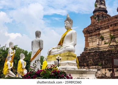 Statue Of Lord Buddha Preaching His Disciples At Wat Yai Chaimongkon In Ayuthaya, Thailand.