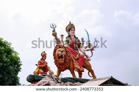 A Statue of Maa Vaishno Devi beautiful image of maa durga with lion sitting with hanumaan