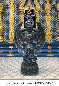 A Statue Of A Man In Literature At Wat Rong Sue Ten Temple Chiang Rai Thailand. A Statue Look Like A Man But Has Wings Like Bird.