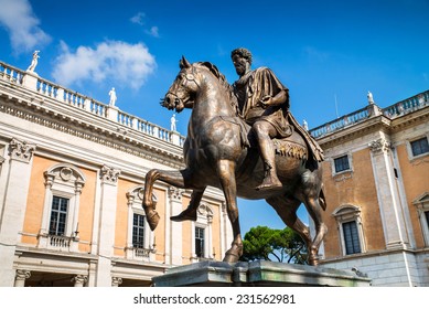 The statue of Marcus Aurelius on his horse in the center of the Piazza del Campidoglio, Rome, Italy