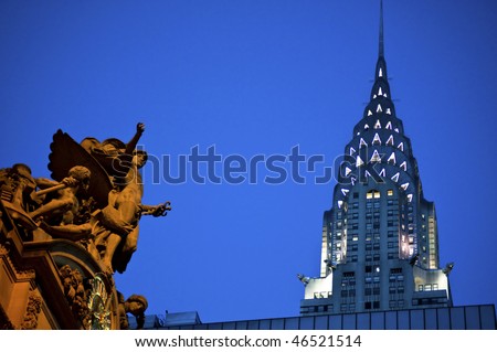 Statue of Mercury at Grand Central Terminal in New York City, with the Chrysler Building in the background