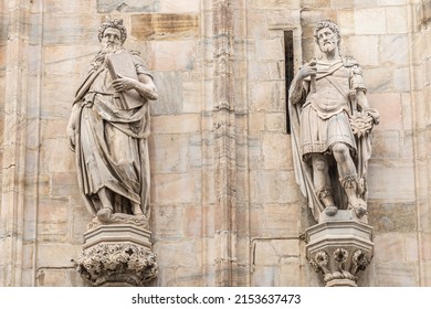 The statue of Moses and Kig David on Milano Cathedral or Duomo, is the cathedral church of Milan, Lombardy, Italy. Dedicated to the Nativity of St Mary (Santa Maria Nascente)