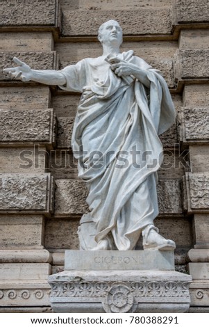 Statue of a nobel Roman lawyer Cicero, in front of the Palace of Justice, Rome, Italy, summer