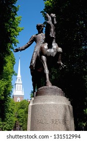 Statue of Paul Revere at Freedom Trail in front of the Old North Church, North End, James Rego Square, Hanover Street, Boston, MA