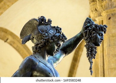 Statue Perseus with the Head of Medusa on Piazza della Signoria in Florence city. It is a bronze sculpture made in 1545.