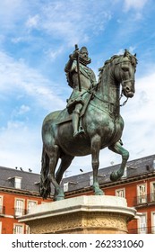 Statue Of Philip III At Mayor Plaza In Madrid In A Beautiful Summer Day, Spain