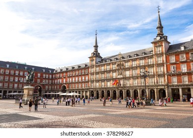 Statue Of Philip III At Mayor Plaza In Madrid In A Beautiful Summer Day, Spain