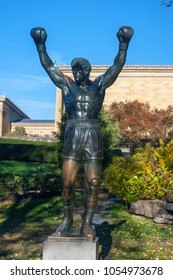 Statue of Rocky Balboa, commemorative film starring by Sylvester Stallone, located in the Museum of art of Philadelphia, Pennsylvania, USA. November 2016