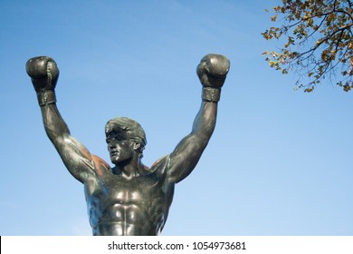 Statue Of Rocky Balboa, Commemorative Film Starring By Sylvester Stallone, Located In The Museum Of Art Of Philadelphia, Pennsylvania, USA. November 2016