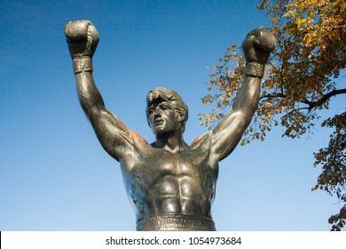Statue of Rocky Balboa, commemorative film starring by Sylvester Stallone, located in the Museum of art of Philadelphia, Pennsylvania, USA. November 2016