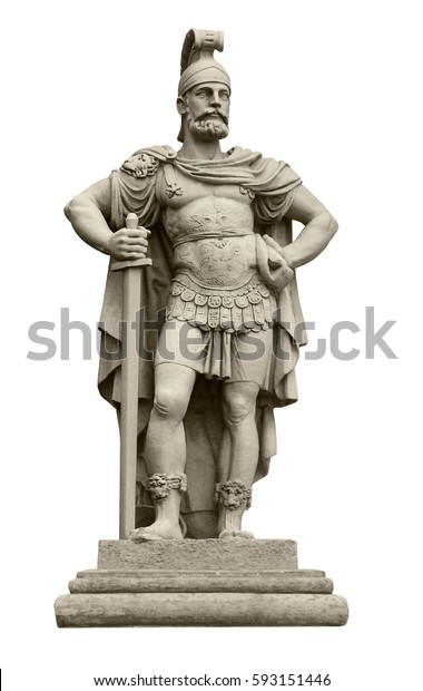 Statue of Roman god of war Mars,\
identical to Ares in Greek mythology. Isolated on\
white