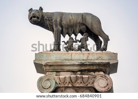 Statue of Romulus and Remus at Forum of Caesar in Rome, Italy. Architecture and landmark.