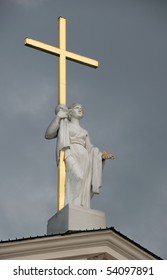 Statue Of Saint Helena (Helena Augusta Or Helena Of Constantinople) On Pediment Of Vilnius Cathedral In Vilnius, Lithuania.