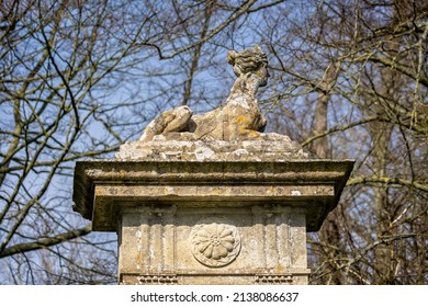 Statue Of A Sphinx With Female Head On Plinth At Lacock Abbey, Wiltshire, UK On 22 March 2022