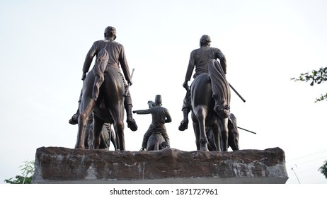 The statue of Sultan Agung riding with his four bodyguards stands proudly at the junction of Imogiri, Bantul. : Bantul, Indonesia - 28 November 2020 - Shutterstock ID 1871727961